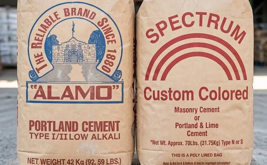 Bags of Alamo Portland cement and Spectrum masonry cement on a pallet