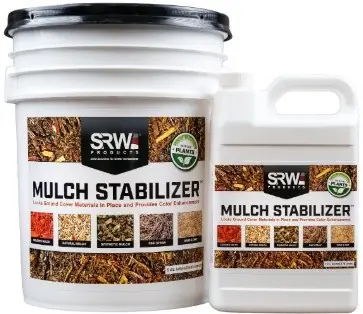 SRW Mulch Stabilizer in 5-gallon pail and jug